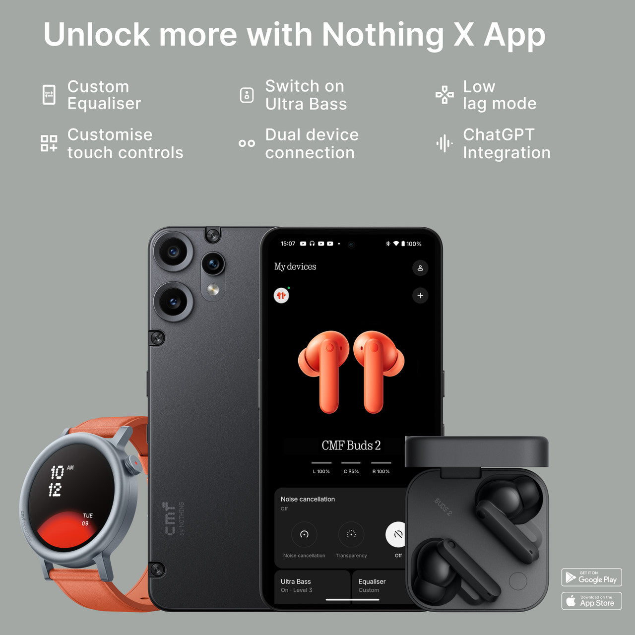 CMF by Nothing Buds 2 48 dB Hybrid ANC, Ultra Bass Technology 2.0, 55 Hrs playtime Bluetooth