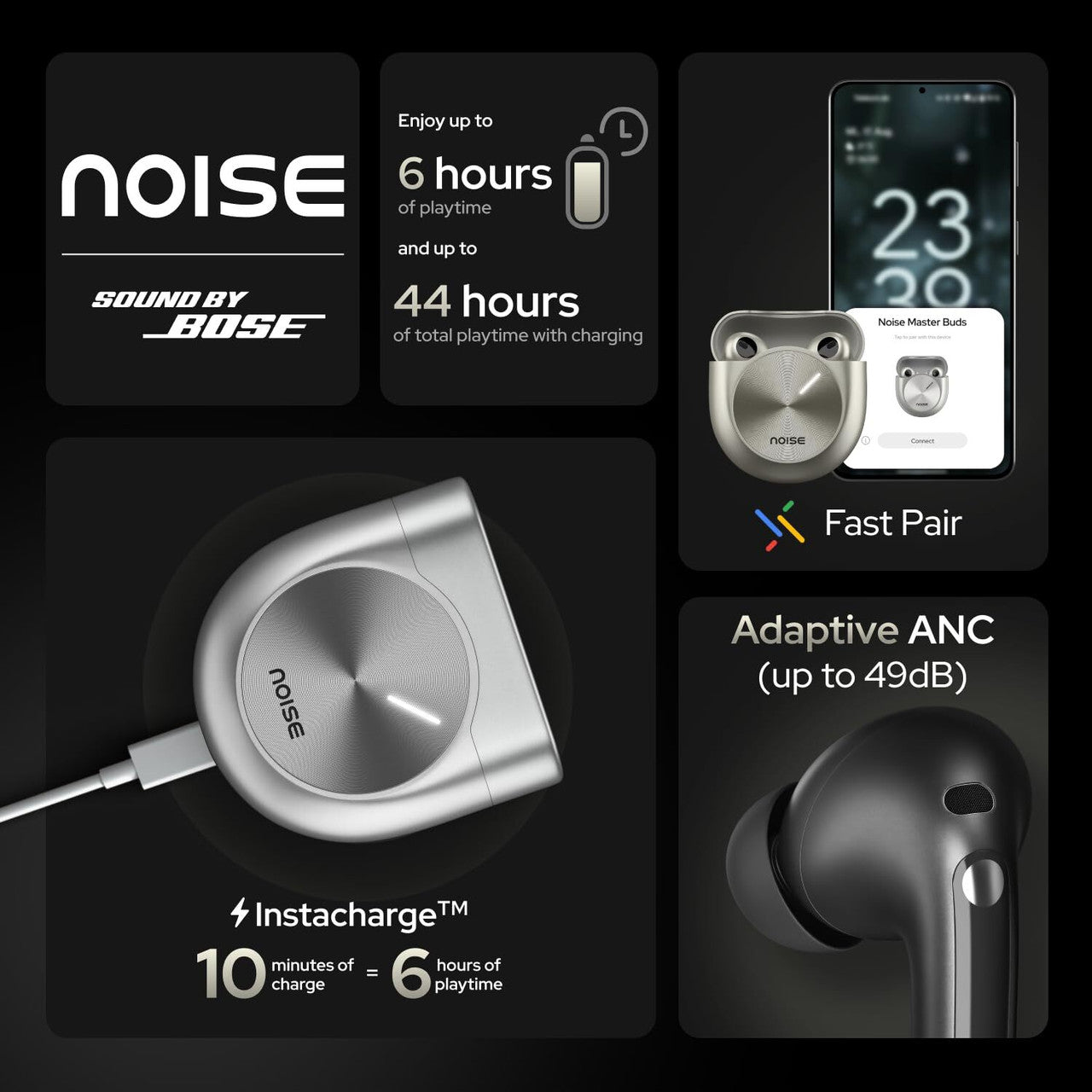 Noise Master Buds, 49dB ANC, 6 Mic ENC, 44 Hr Battery, Spatial Audio Bluetooth
